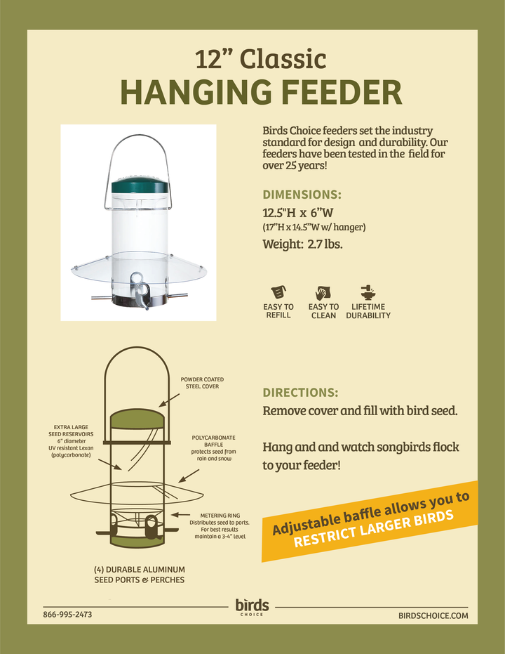 Hanging Classic Bird Feeder with Baffle Weather Guard 12 Inch - Birds Choice