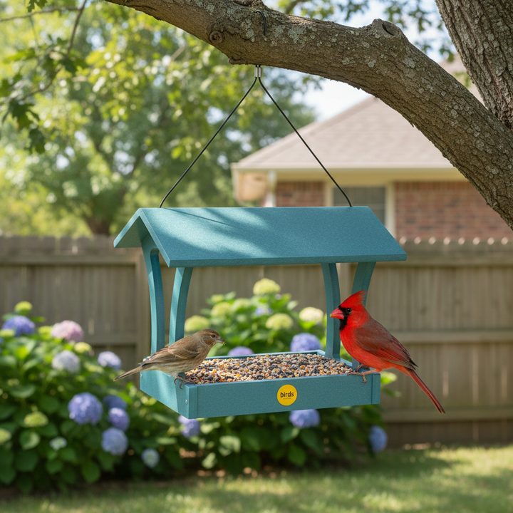 Fly-Thru Bird Feeder in Blue Recycled Plastic