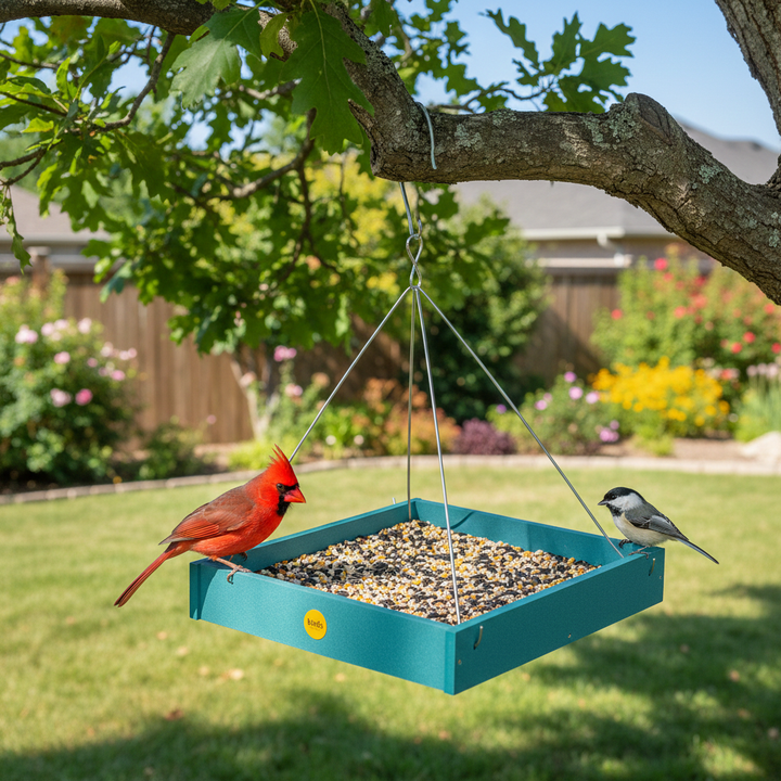 Large Hanging Platform Bird Feeder in Blue Recycled Plastic