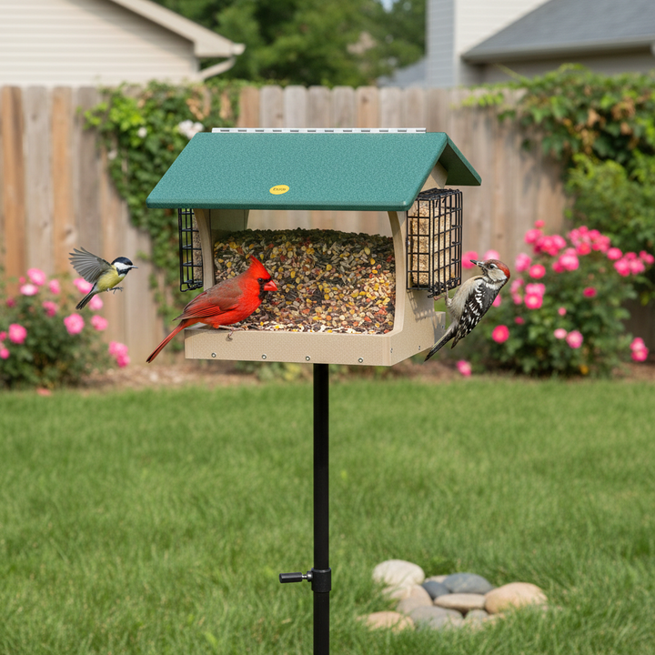 Medium Hopper Bird Feeder with Suet Cages in Taupe and Green Recycled Plastic